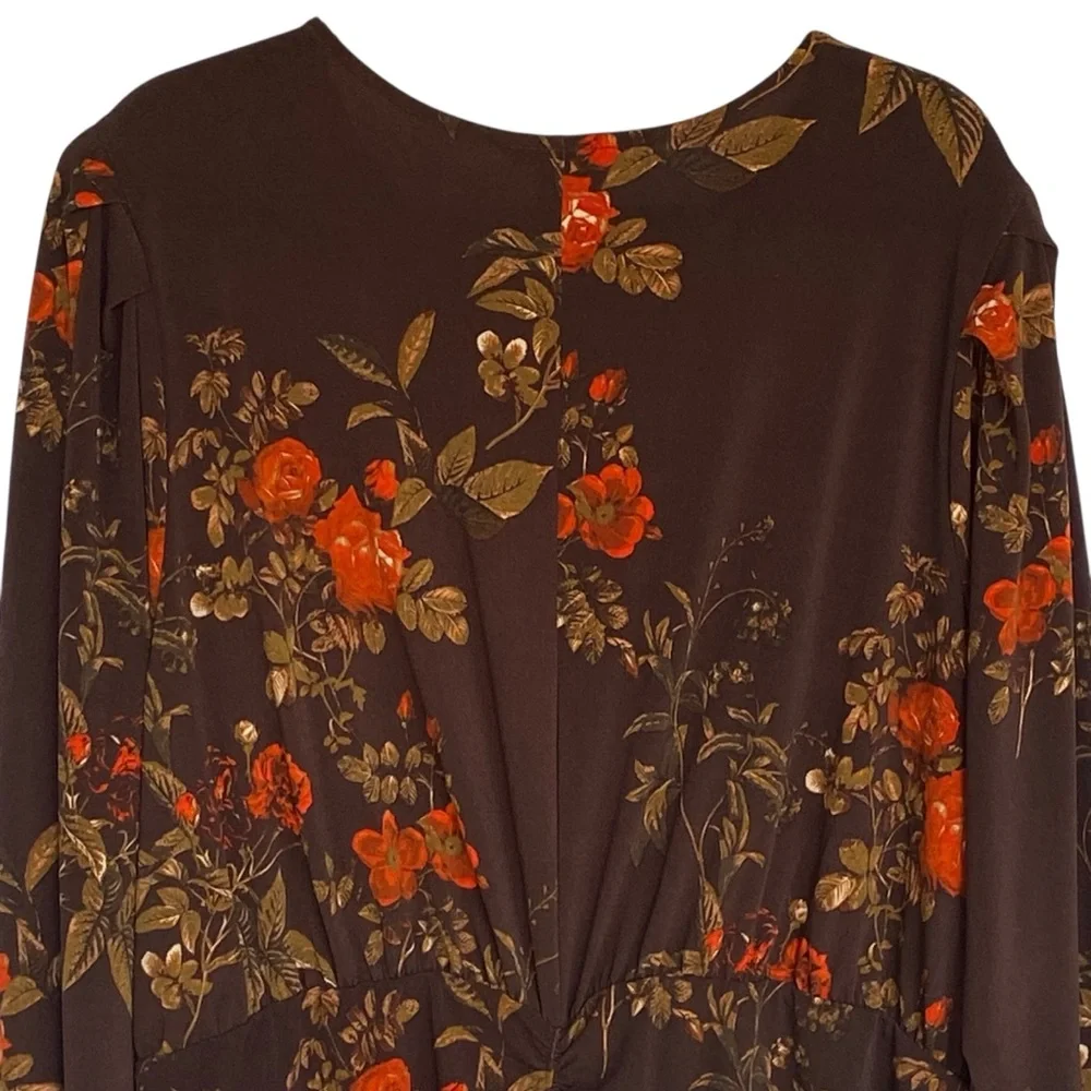 H&M Womens Long Sleeve Brown Red Floral Dress Size 3XL NWT Ruching Bodycon - Picture 9 of 13